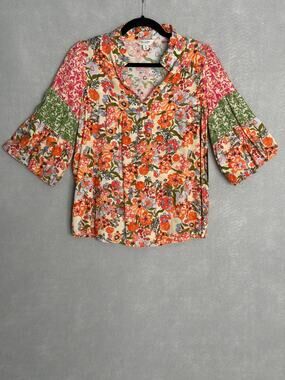 Tru Luxe Jeans Challis Top Ruffle Split V-Neck Women's XS NEW